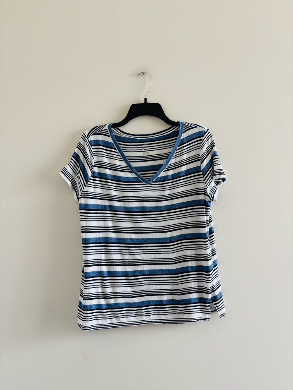 VTG Cato T-Shirt Blue Stripe V-Neck Cotton Modal Short Sleeve Women L Preppy 90s